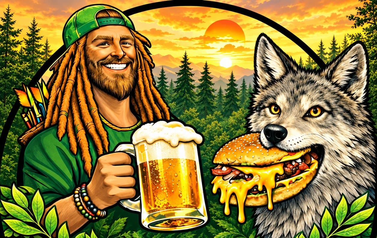El cazador y el lobo de BEISSON brindando con una burger en el bosque